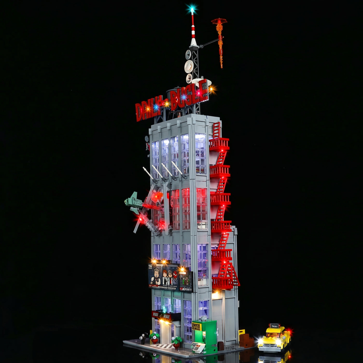 LEGO® Marvel Daily Bugle #76178 LED kit powered on, with the LED lighting kit