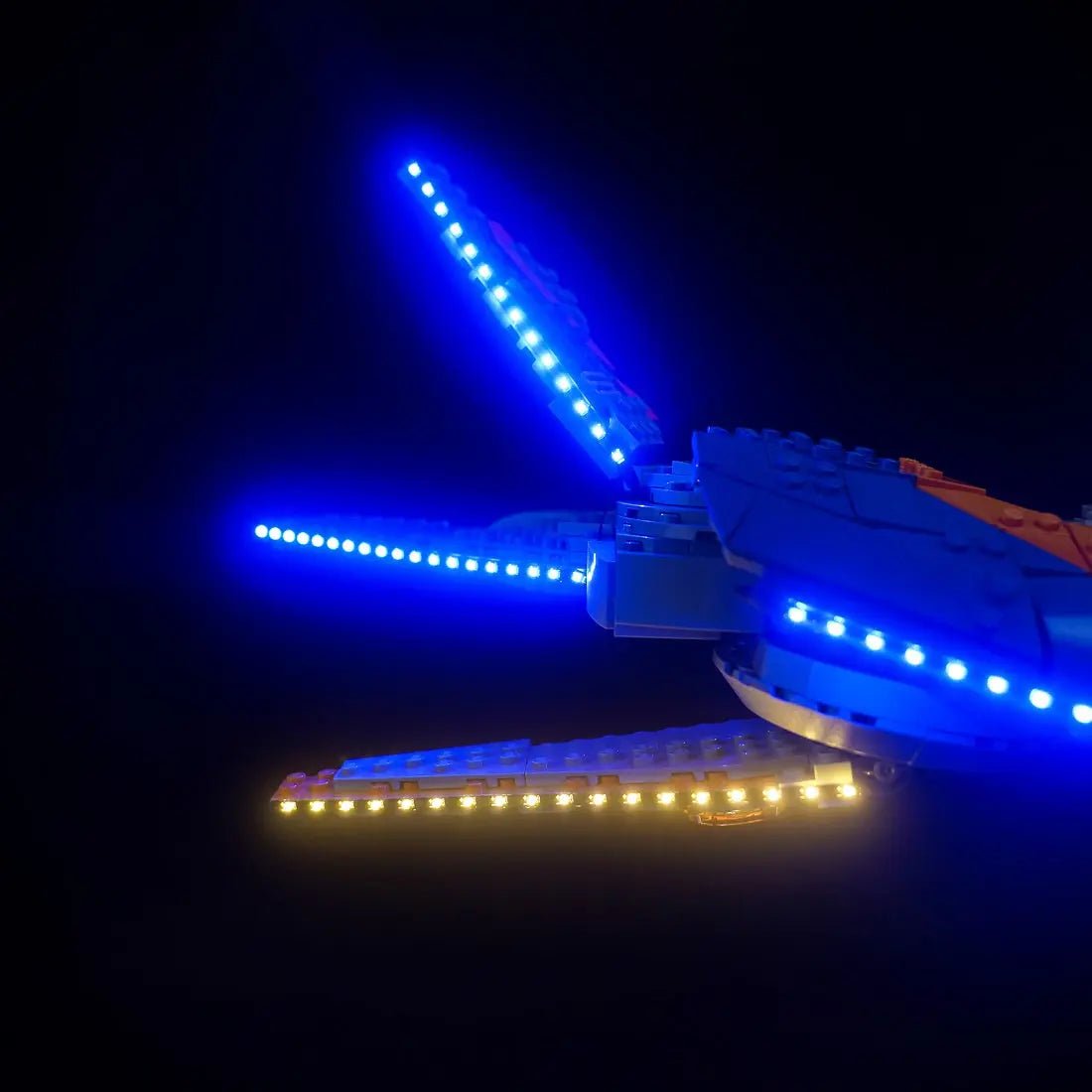 LEGO® Marvel Guardians of the Galaxy: The Milano #76286 side angle with lights on, with the LED lights