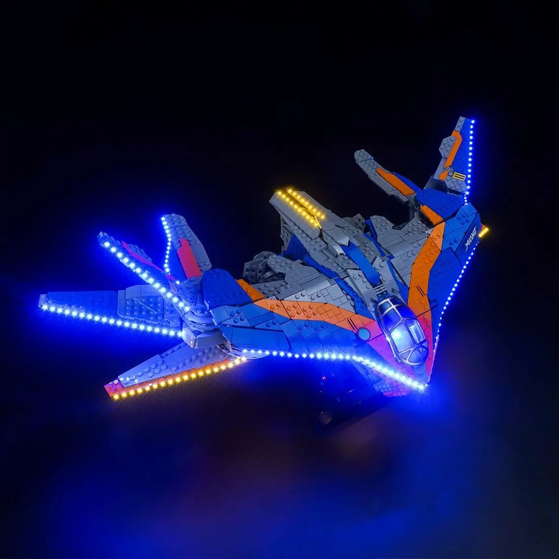 LEGO Marvel Guardians of the Galaxy: The Milano #76286 illuminated at night