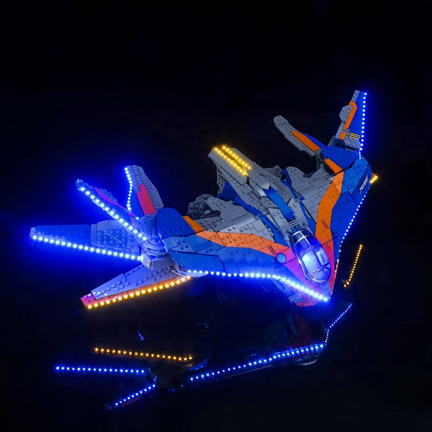 side angle with lights on: Bright My Bricks DIY LED light kit for LEGO® Marvel Guardians of the Galaxy: The Milano #76286