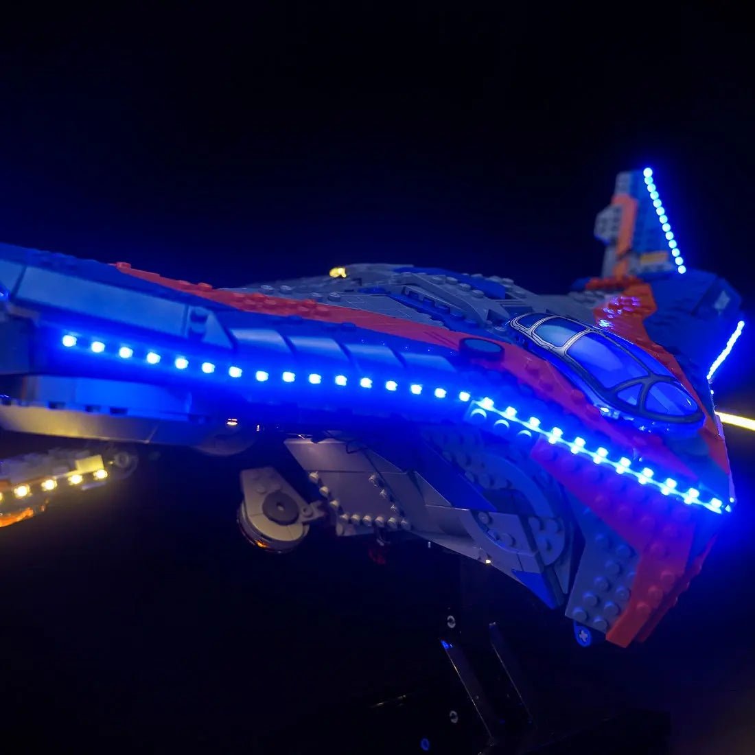 Bright My Bricks USB-powered LED light kit for LEGO® Marvel Guardians of the Galaxy: The Milano #76286 — front view fully lit