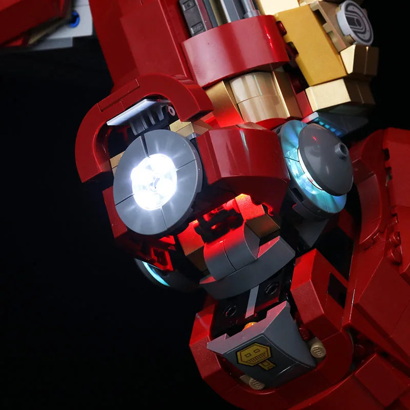 LEGO® Marvel Hulkbuster #76210 showcase lighting view, with the custom LED lighting