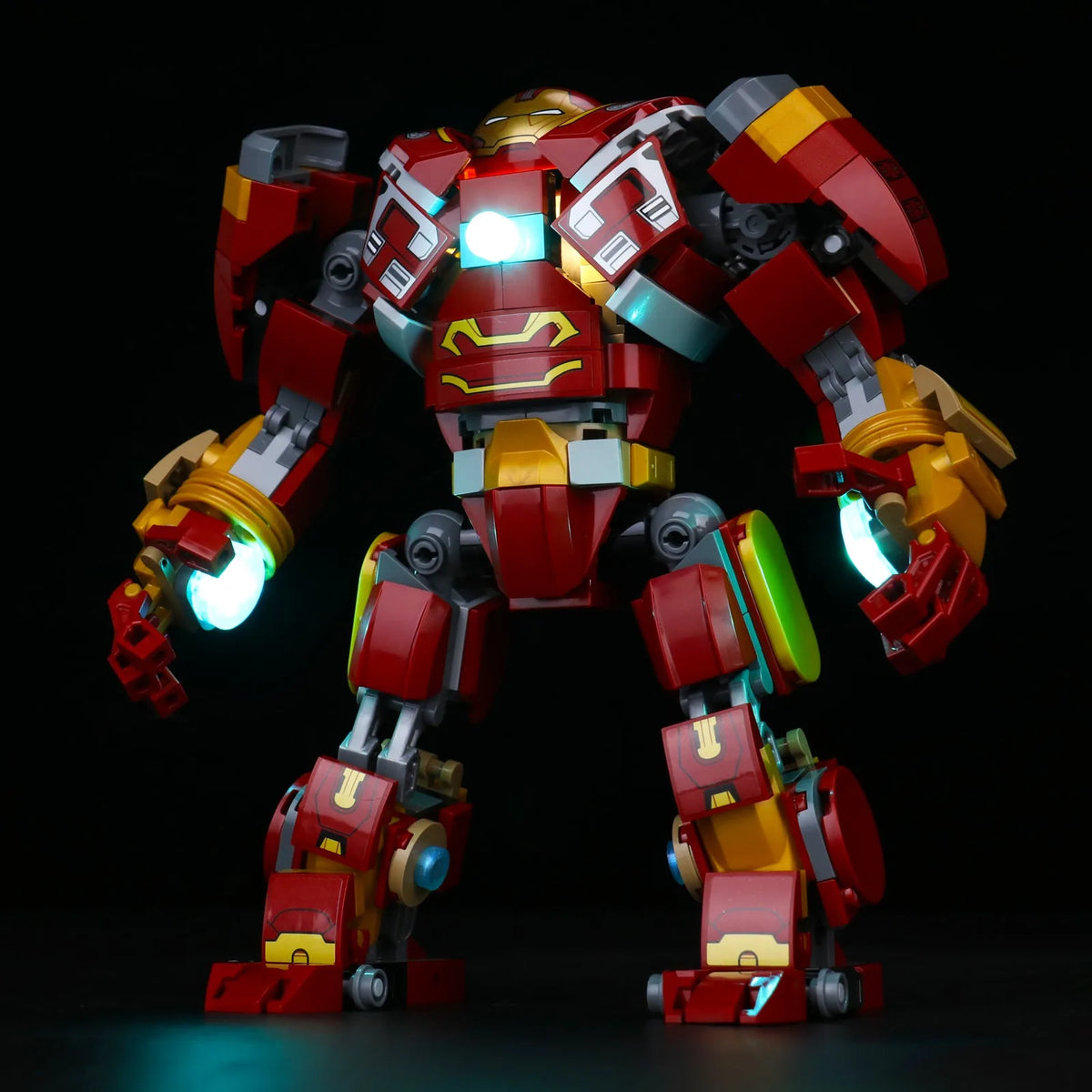 LEGO® Marvel Hulkbuster #76210 illuminated at night, with the light kit