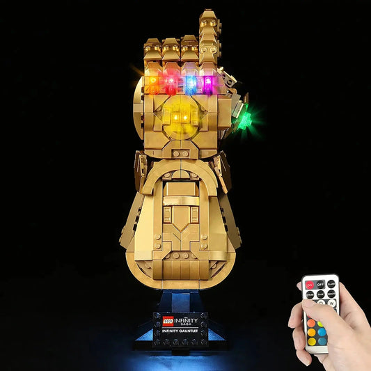 LEGO® Marvel Infinity Gauntlet #76191 close-up of the LED lighting detail, with the LED lights