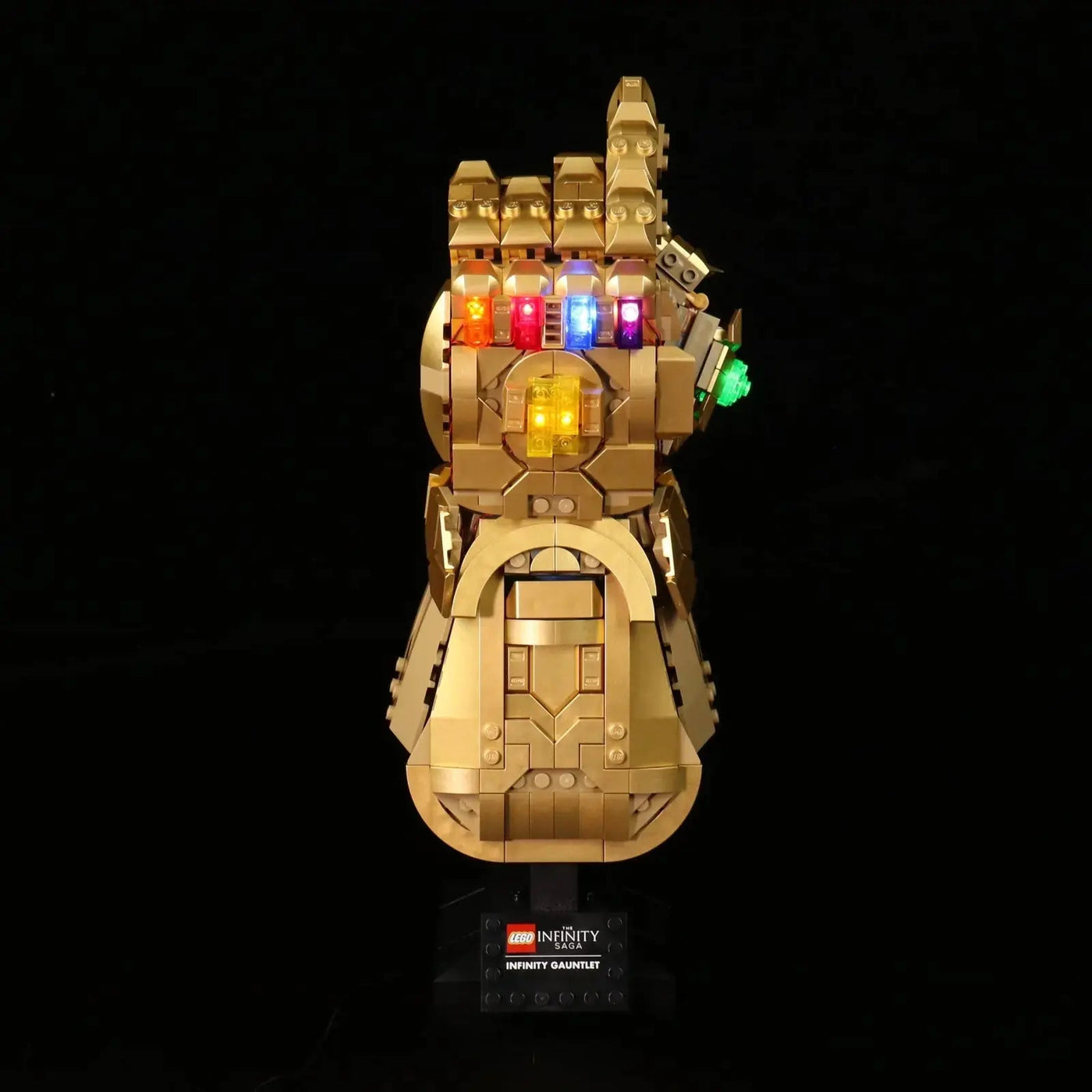 LEGO® Marvel Infinity Gauntlet #76191 night-mode display glow, with the custom LED lighting