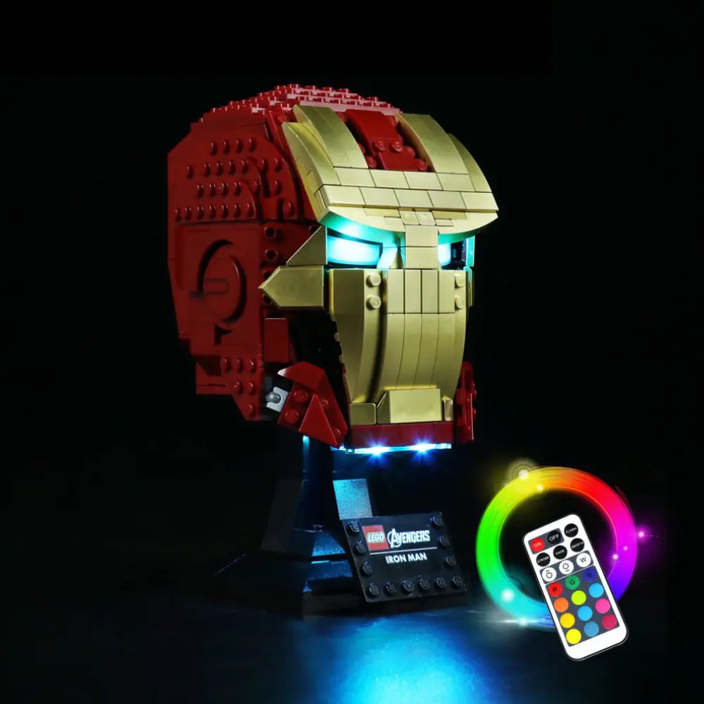 installed and glowing: Bright My Bricks custom LED lighting for LEGO® Marvel Iron Man Helmet #76165