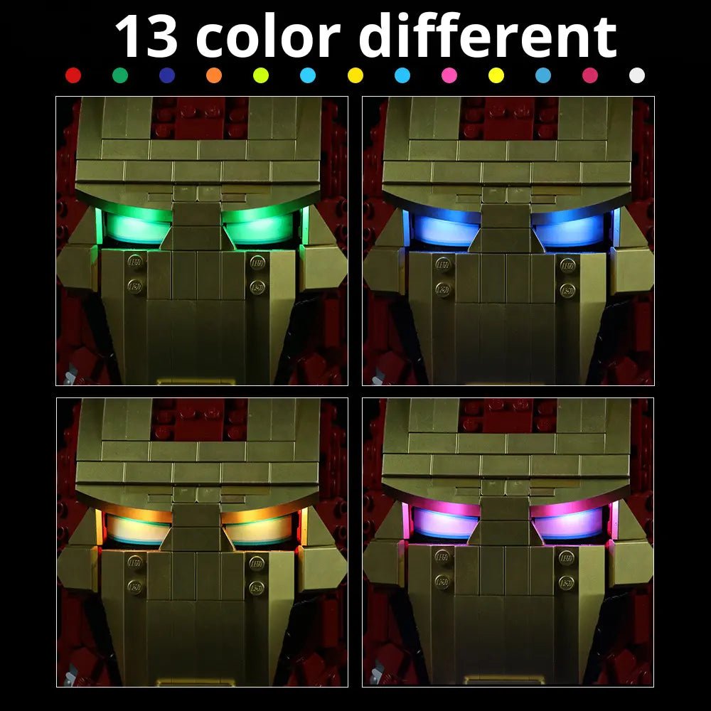 LEGO® Marvel Iron Man Helmet #76165 LED kit powered on, with the LED lighting kit