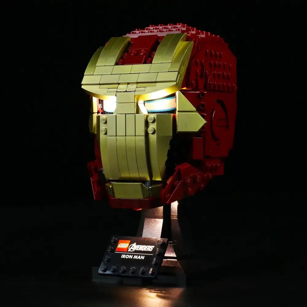 LEGO® Marvel Iron Man Helmet #76165 night-mode display glow, with the custom LED lighting