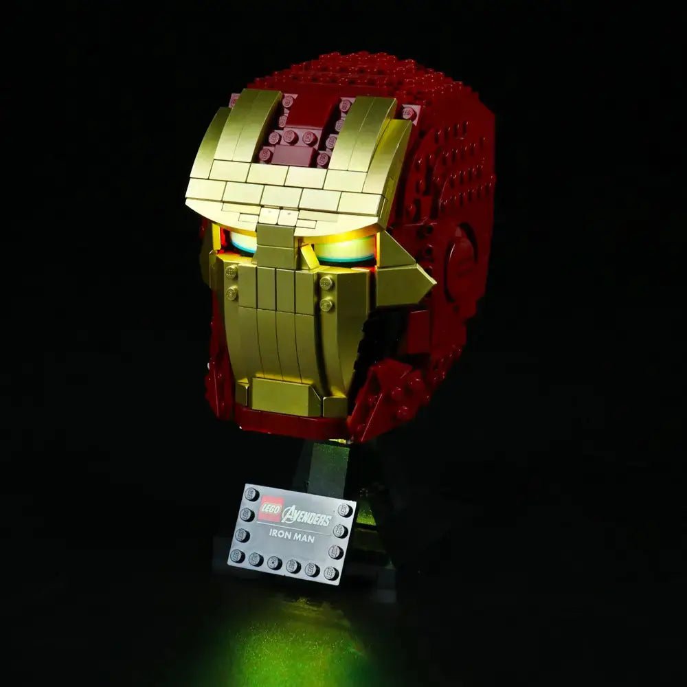 LEGO® Marvel Iron Man Helmet #76165 — side angle with lights on (custom LED lighting)