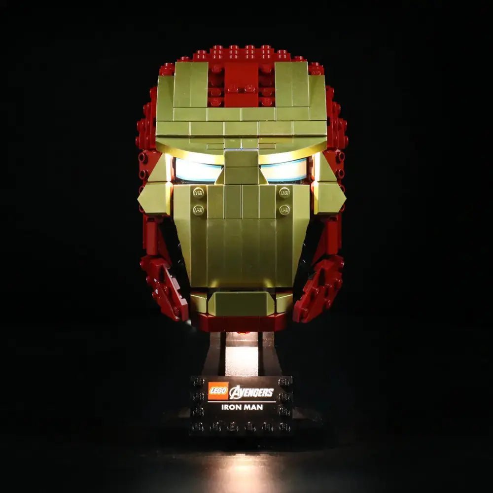 LED lighting kit for LEGO® Marvel Iron Man Helmet #76165, side angle with lights on