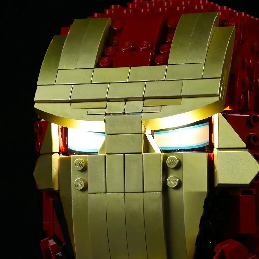 before-and-after lighting: Bright My Bricks LED light kit for LEGO® Marvel Iron Man Helmet #76165