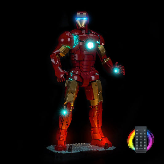 LEGO® Marvel Iron Man Mark 3 Collectors' Edition #76344 — installed and glowing (LED light kit)