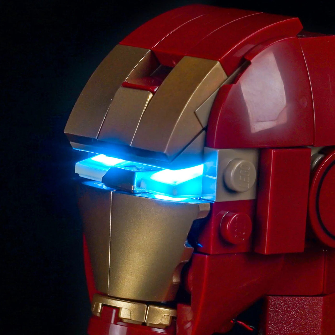 LED light kit for LEGO® Marvel Iron Man Mark 3 Collectors' Edition #76344, side angle with lights on