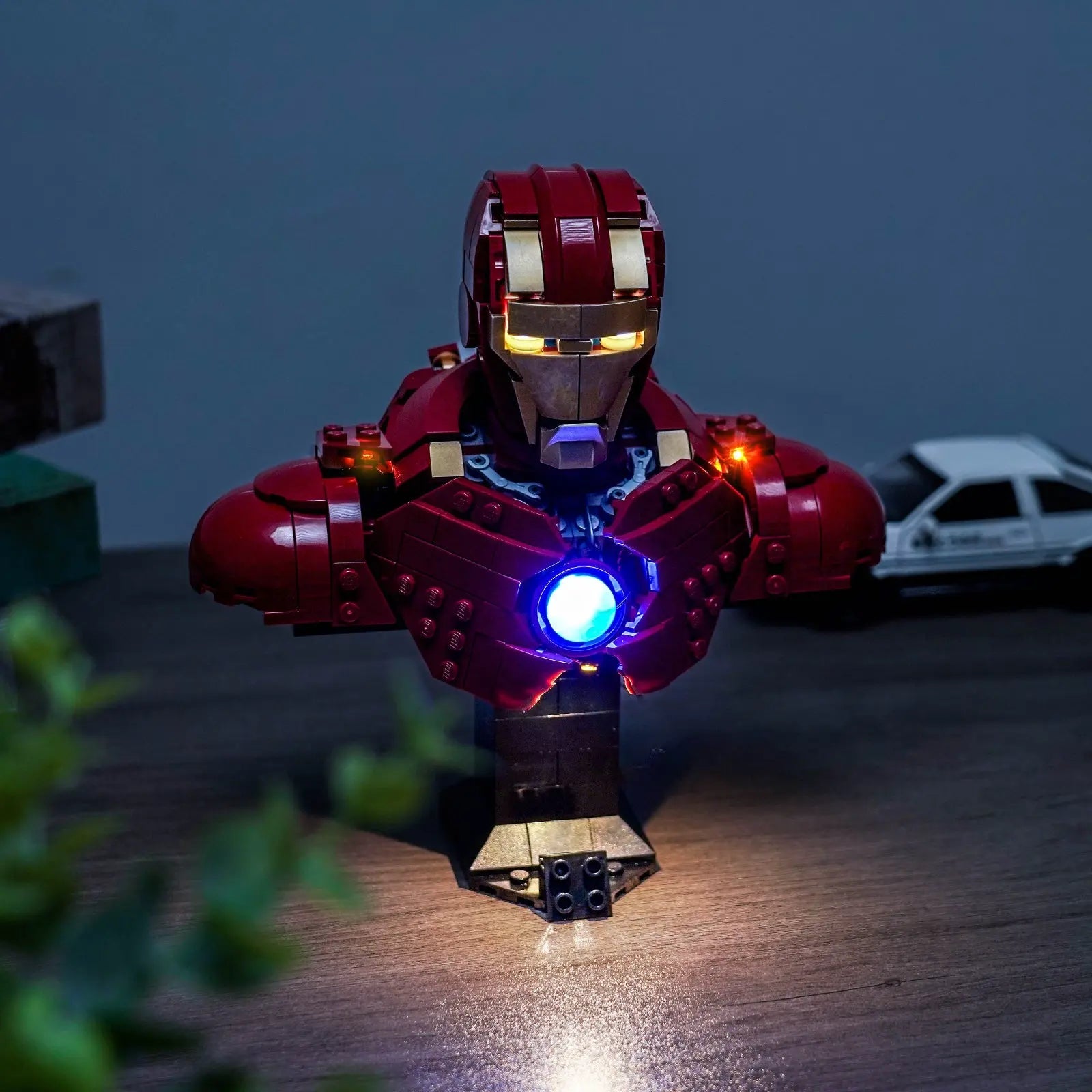 Close-up of LED lights on LEGO Marvel Iron Man MK4 Bust #76327