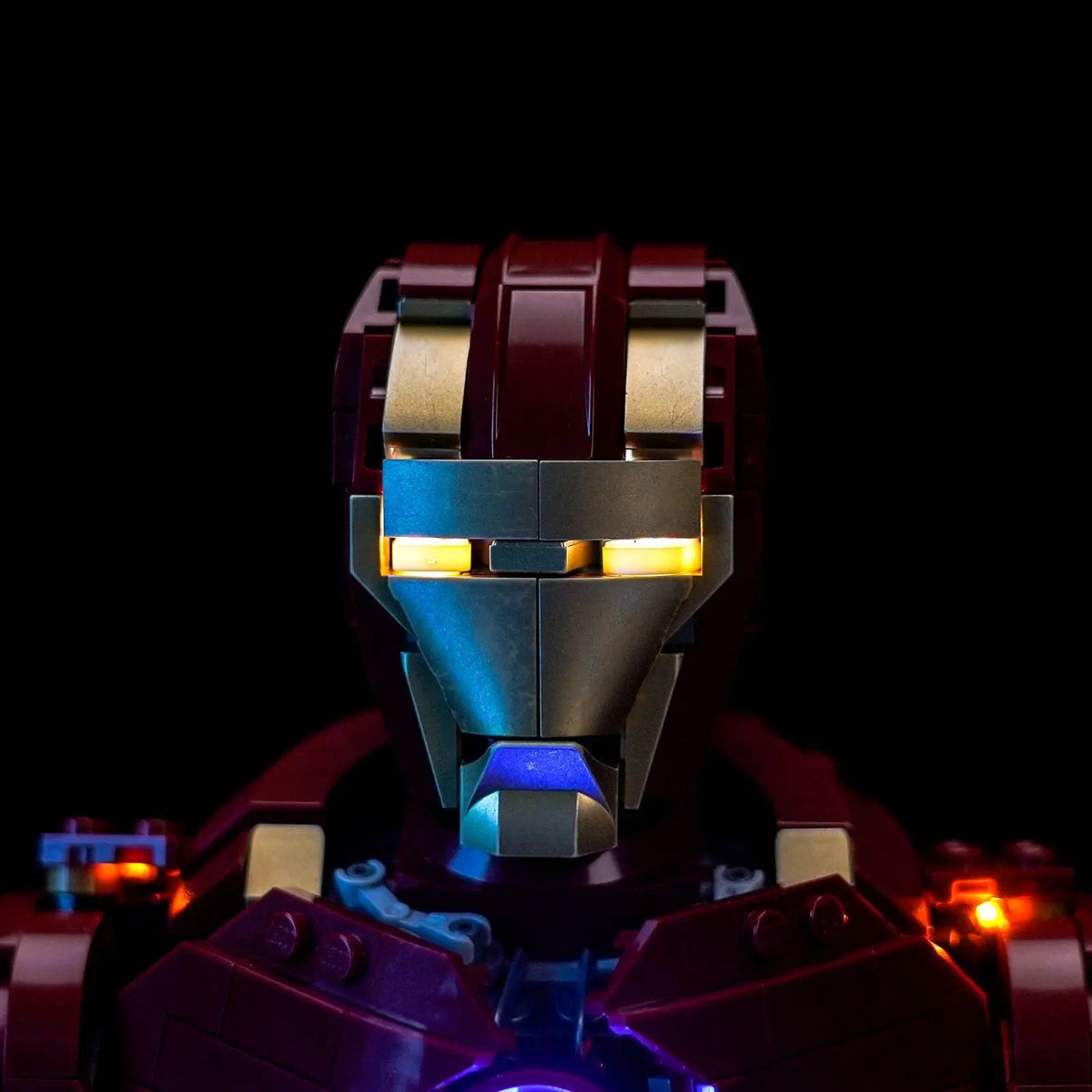 LEGO® Marvel Iron Man MK4 Bust #76327 — side angle with lights on (RGB LED light kit)