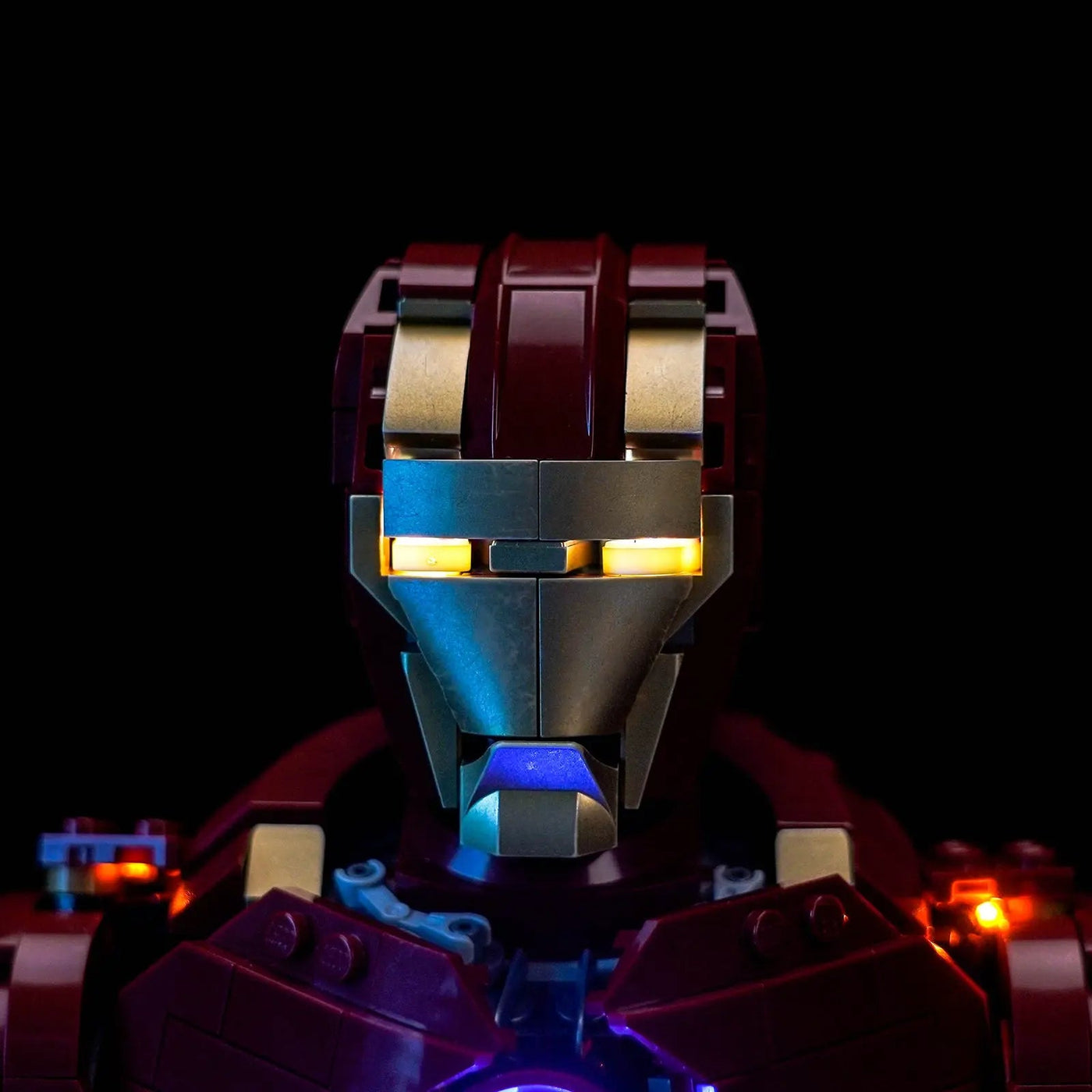 LEGO® Marvel Iron Man MK4 Bust #76327 — side angle with lights on (RGB LED light kit)