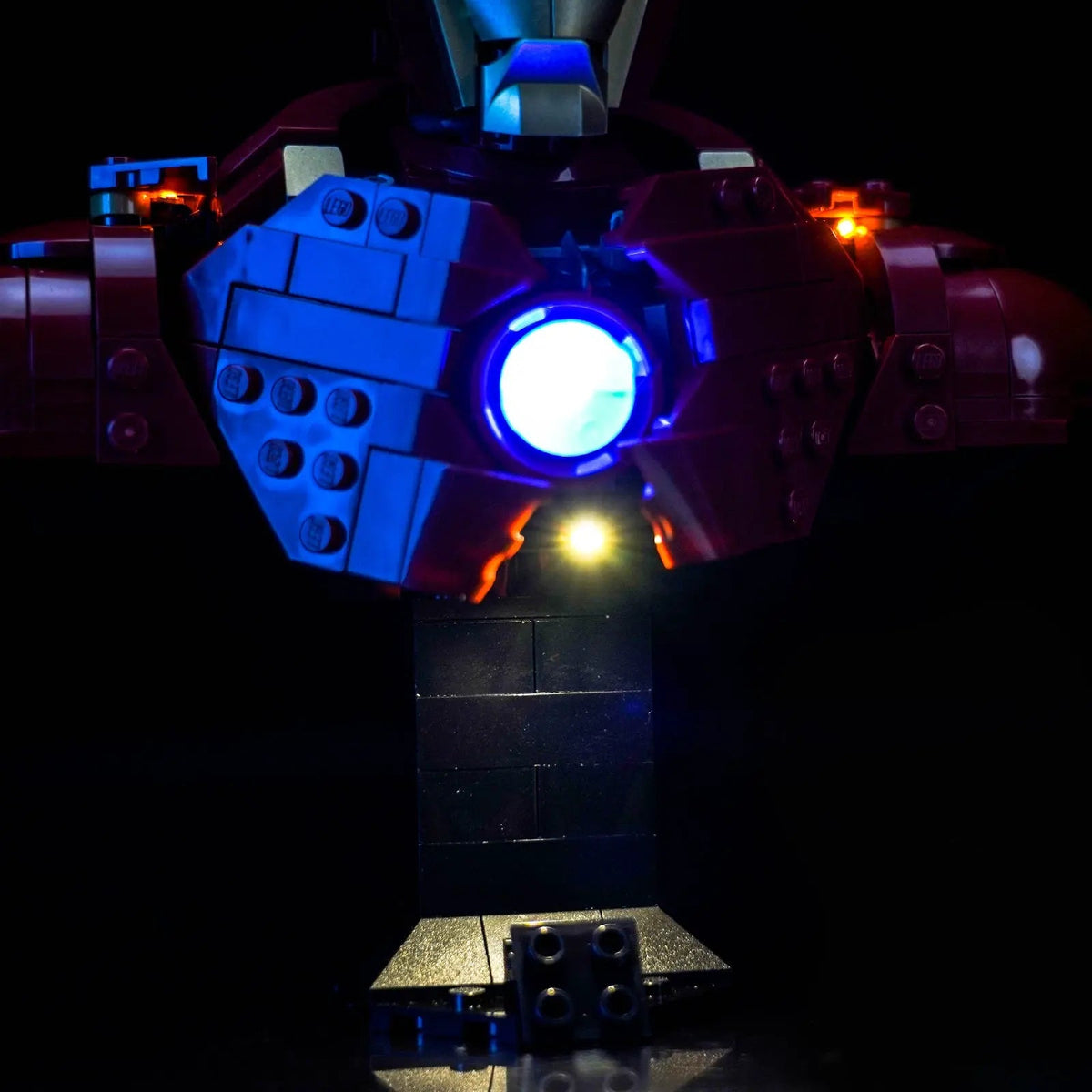 Bright My Bricks light kit for LEGO® Marvel Iron Man MK4 Bust #76327 — illuminated at night