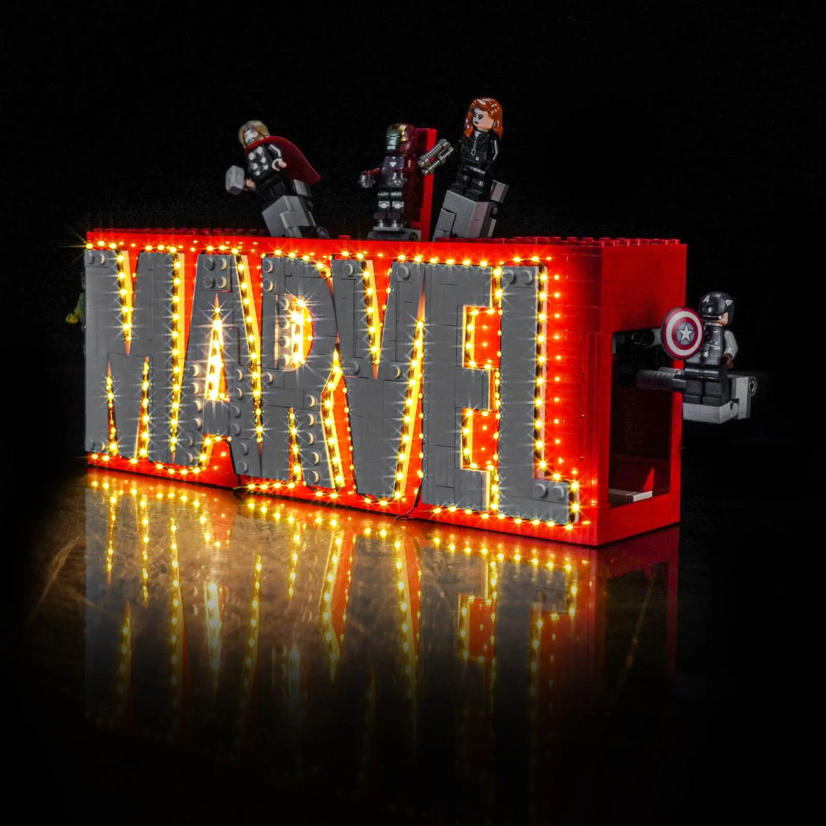 Bright My Bricks light kit for LEGO® Marvel MARVEL Logo & Minifigures #76313 — warm LED glow detail