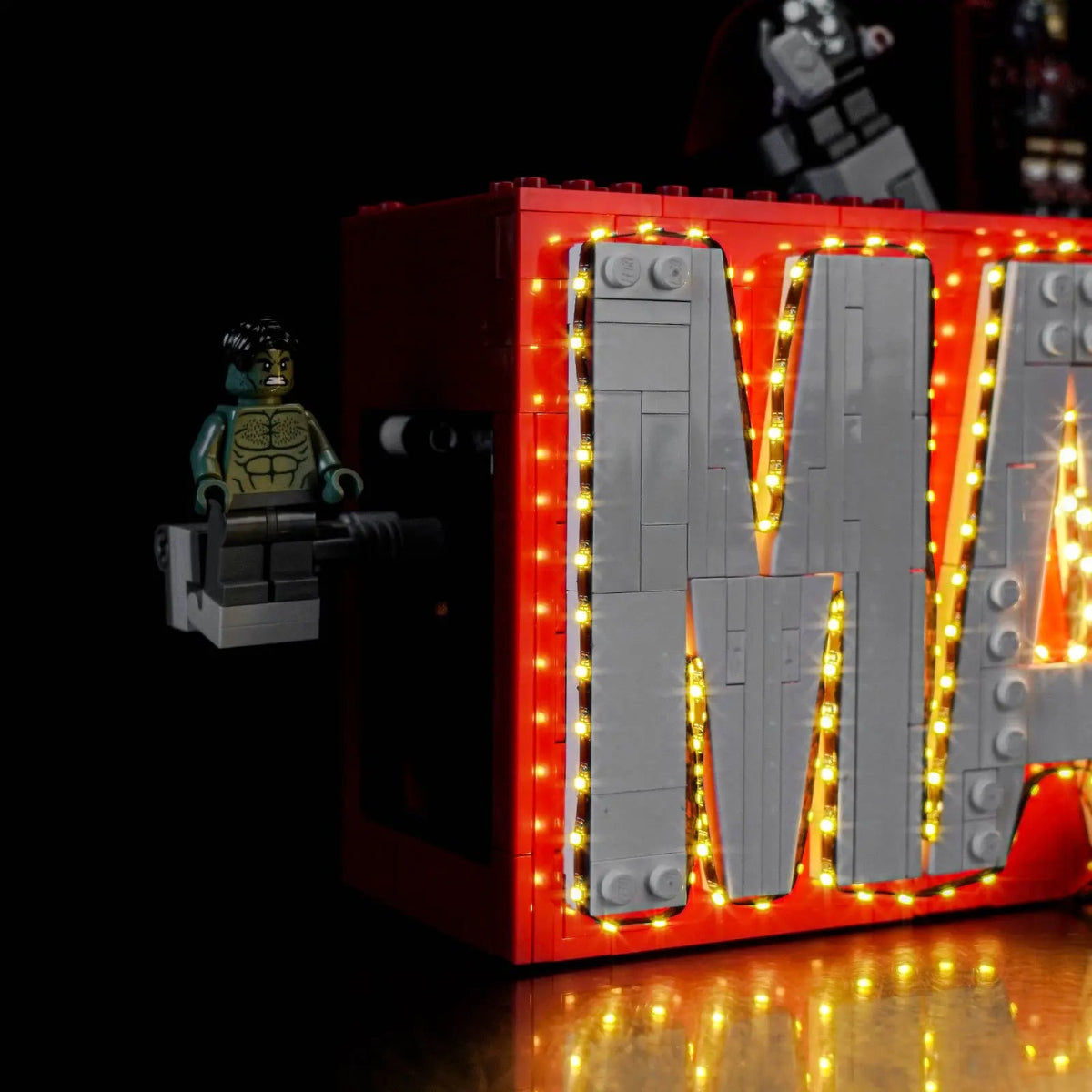 RGB LED light kit for LEGO® Marvel MARVEL Logo & Minifigures #76313, front view fully lit