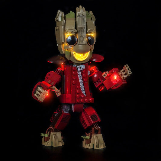 Bright My Bricks LED light kit for LEGO® Marvel Ravager Jumpsuit Groot #76341 — front view fully lit