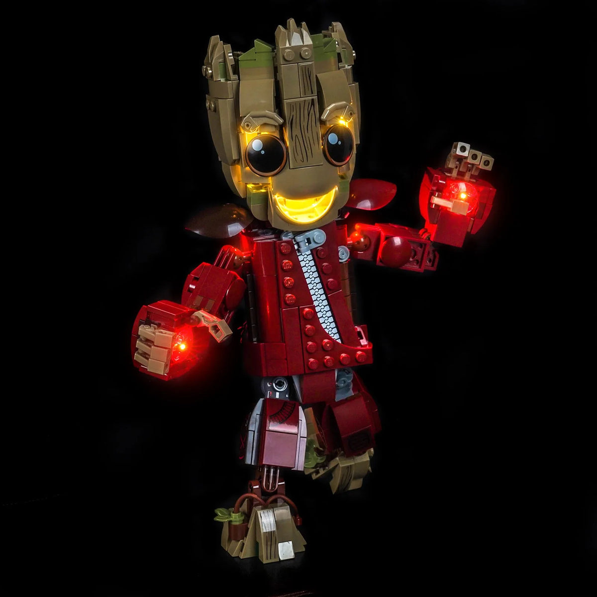 LED kit powered on: Bright My Bricks USB-powered LED light kit for LEGO® Marvel Ravager Jumpsuit Groot #76341
