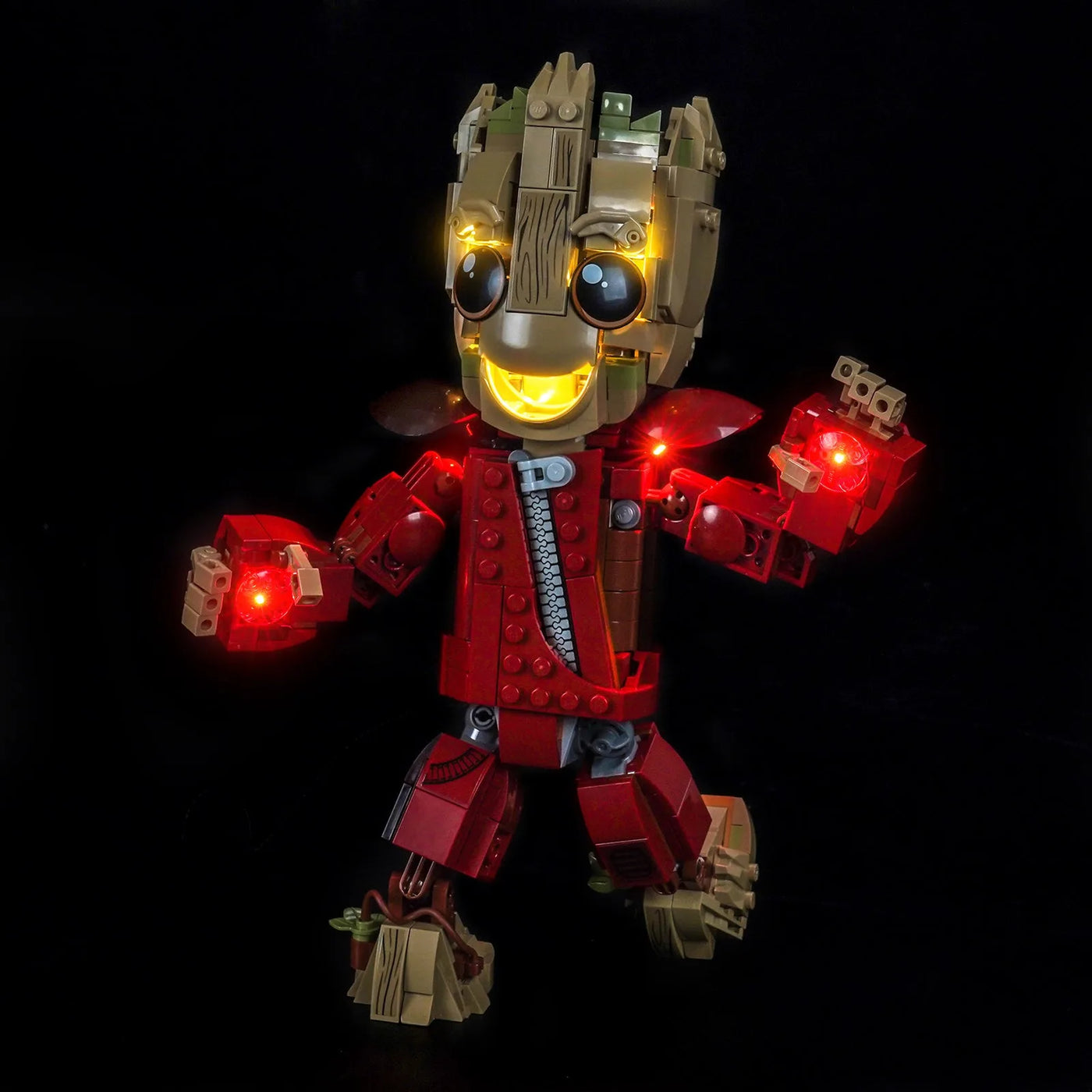Bright My Bricks custom LED lighting for LEGO® Marvel Ravager Jumpsuit Groot #76341 — display lighting in a dark room