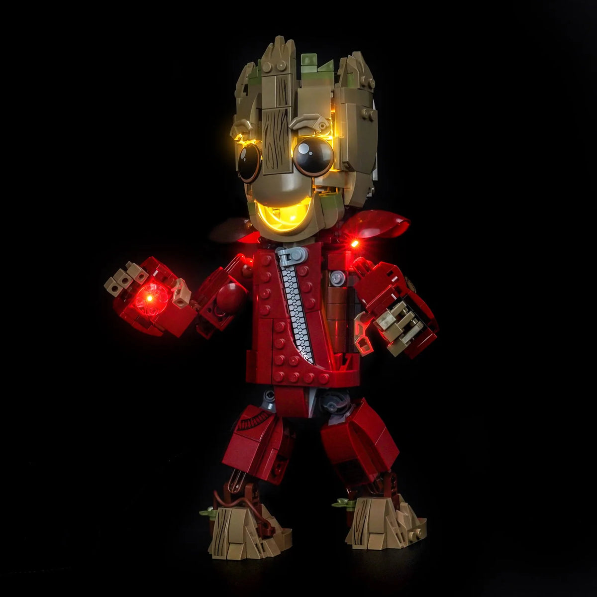 LEGO® Marvel Ravager Jumpsuit Groot #76341 — side angle with lights on (USB-powered LED light kit)
