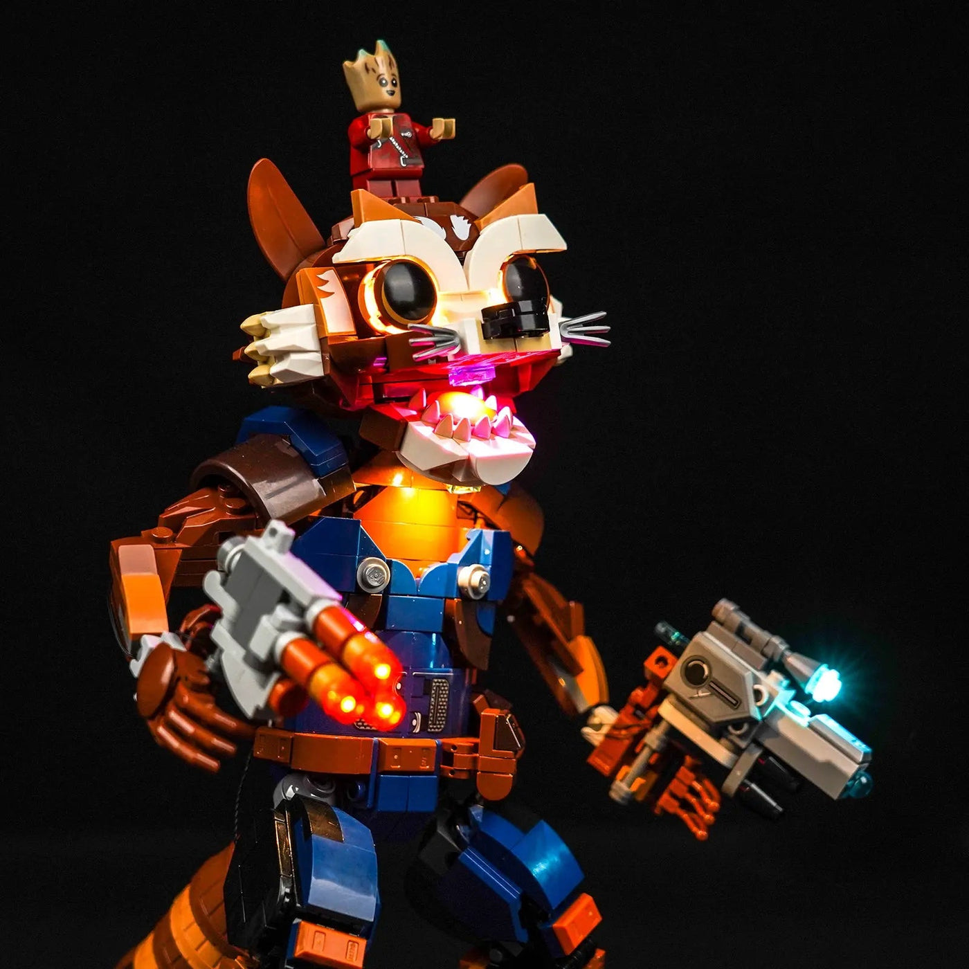 Bright My Bricks custom LED lighting for LEGO® Marvel Rocket & Baby Groot #76282 — before-and-after lighting