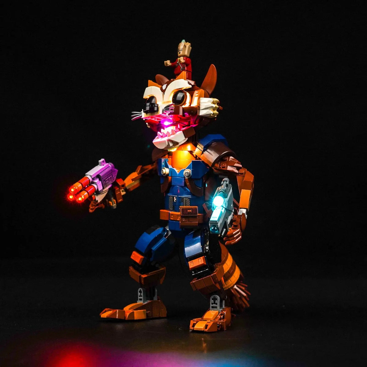Bright My Bricks DIY LED light kit for LEGO® Marvel Rocket & Baby Groot #76282 — before-and-after lighting