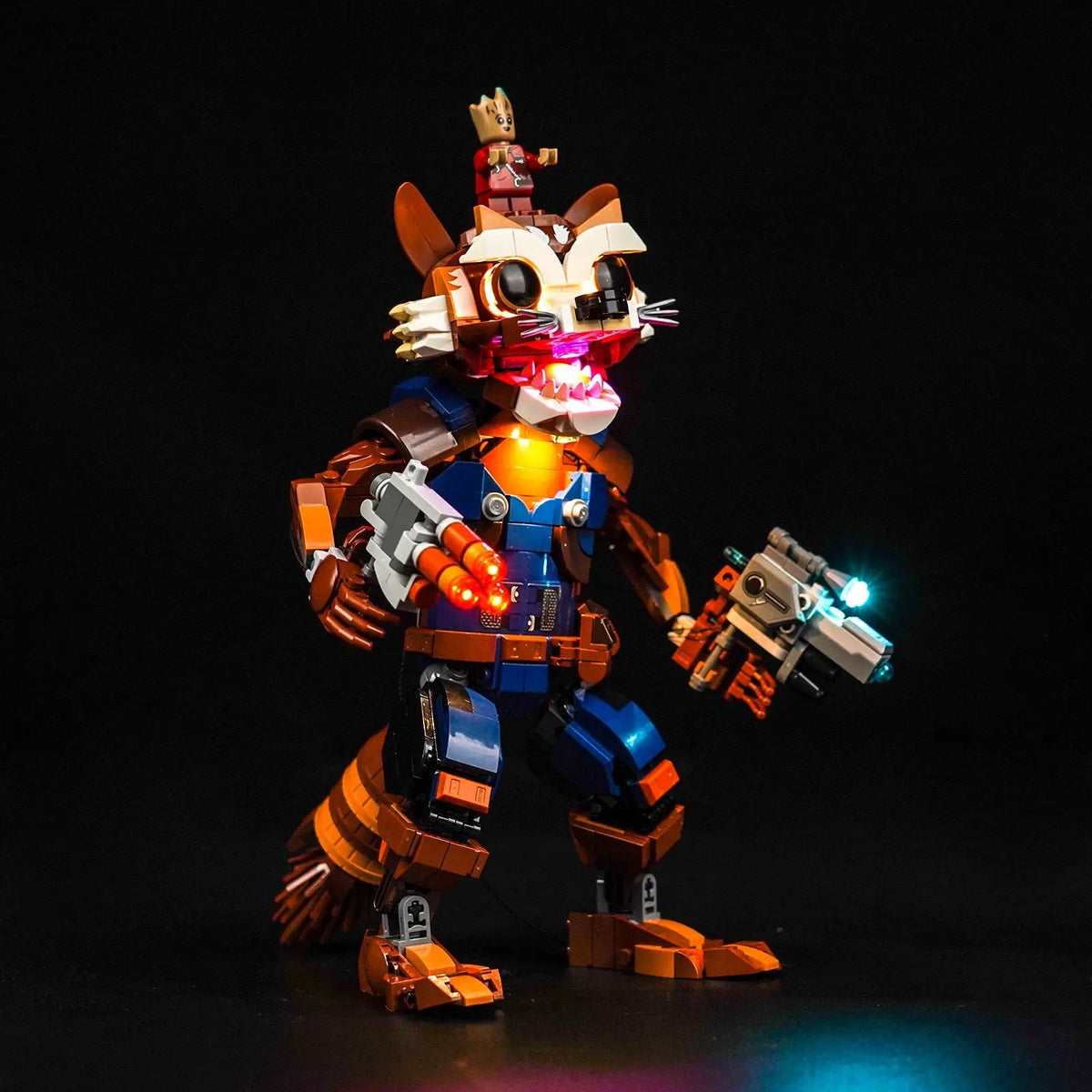 LEGO® Marvel Rocket & Baby Groot #76282 before-and-after lighting, with the light kit