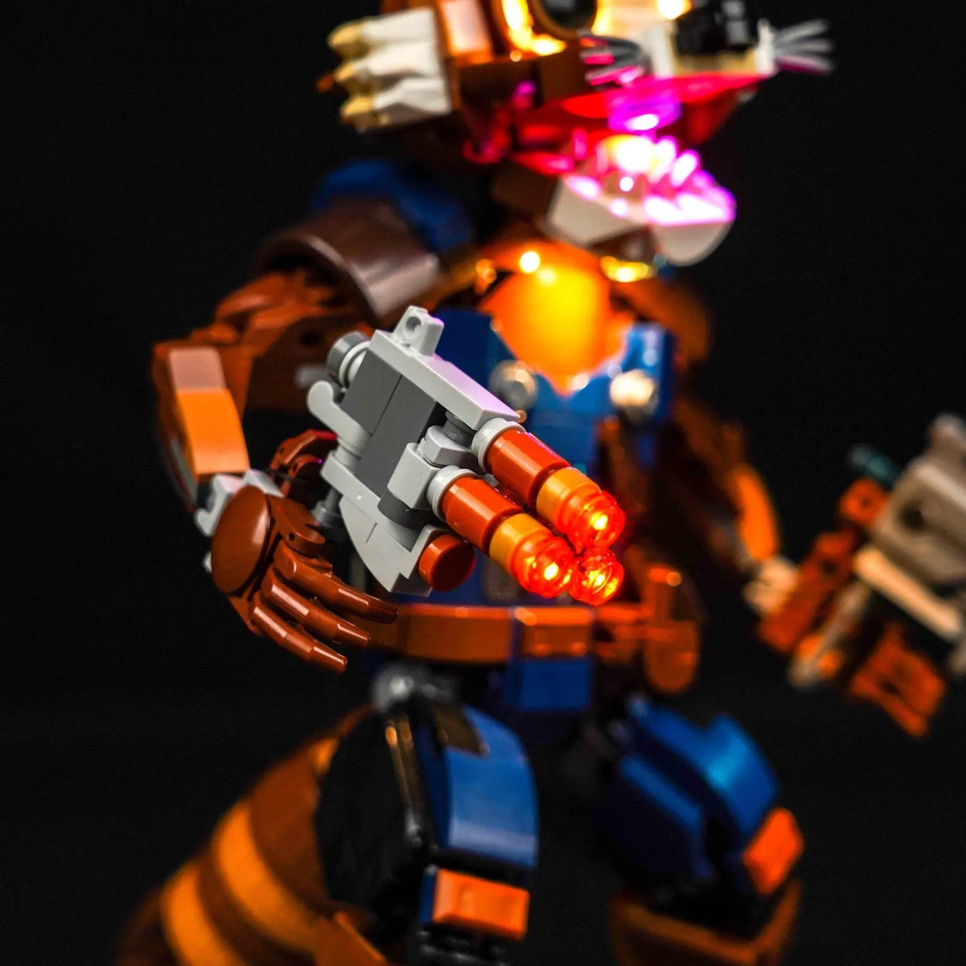 LEGO® Marvel Rocket & Baby Groot #76282 — side angle with lights on (premium LED light kit)