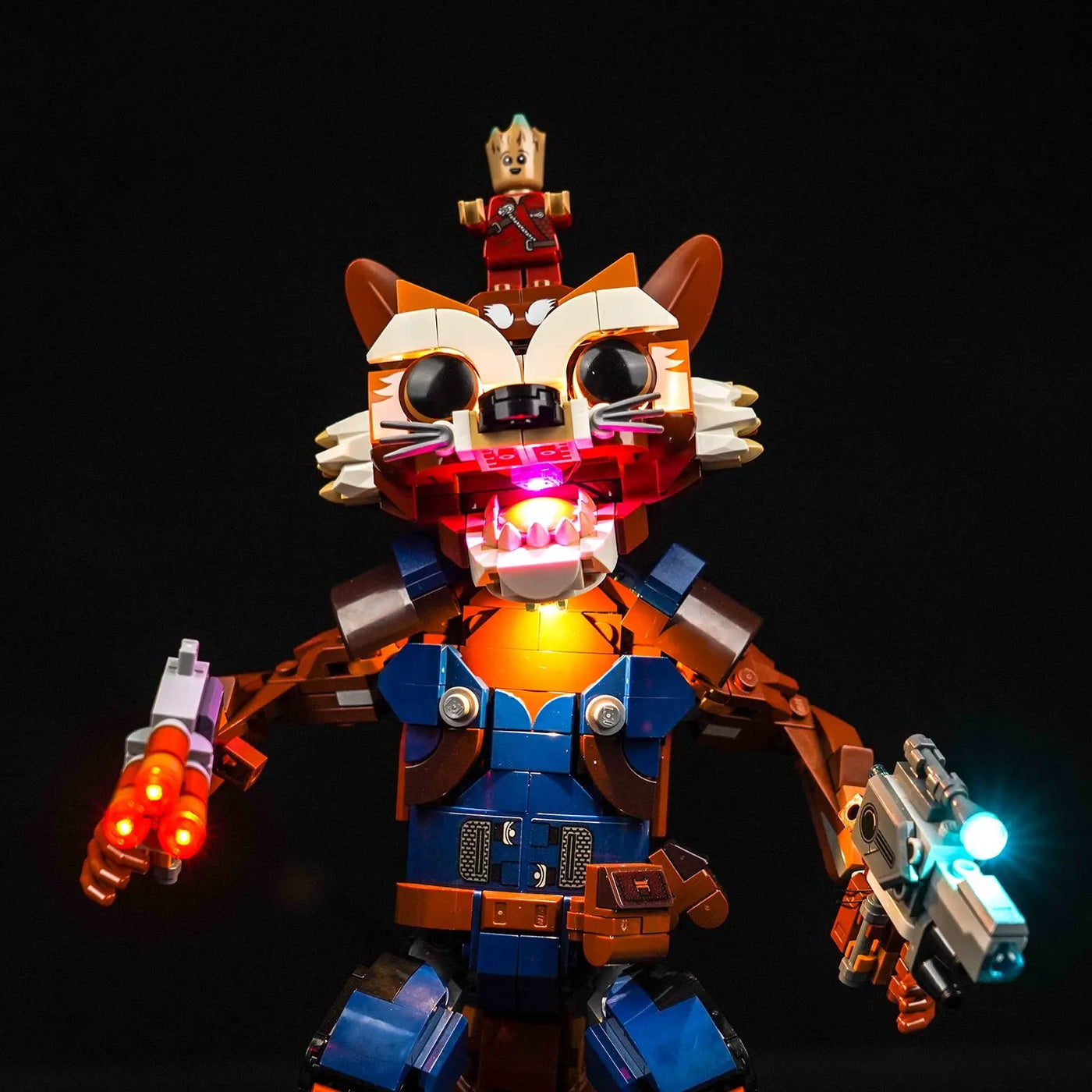 LEGO® Marvel Rocket & Baby Groot #76282 LED strips and bricks detail, with the USB-powered LED light kit
