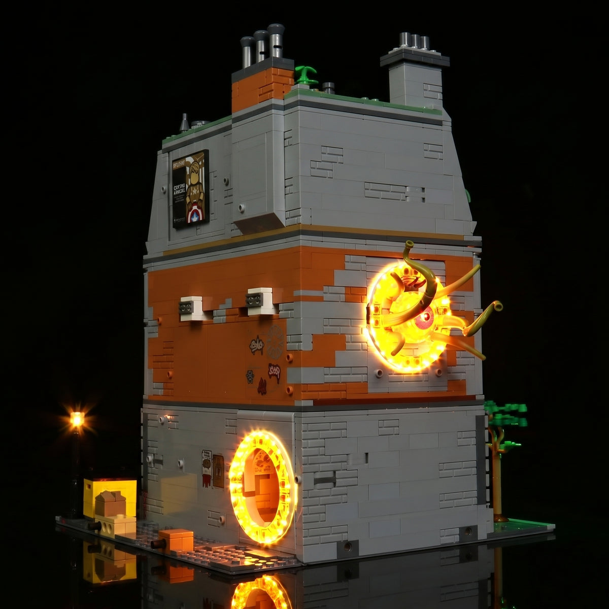 LEGO® Marvel Sanctum Sanctorum #76218 front view fully lit, with the LED lighting kit