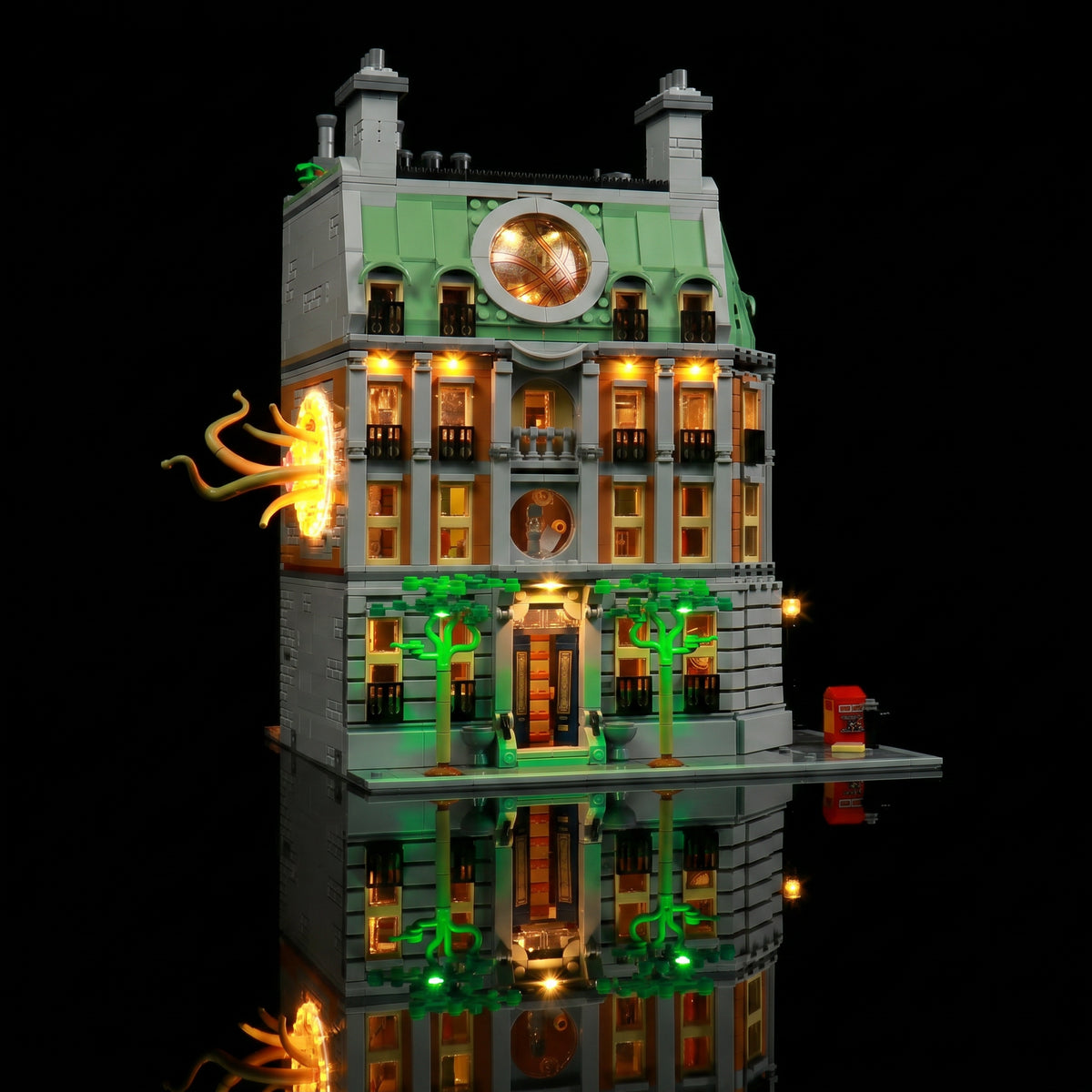 Bright My Bricks LED lighting kit for LEGO® Marvel Sanctum Sanctorum #76218 — side angle with lights on