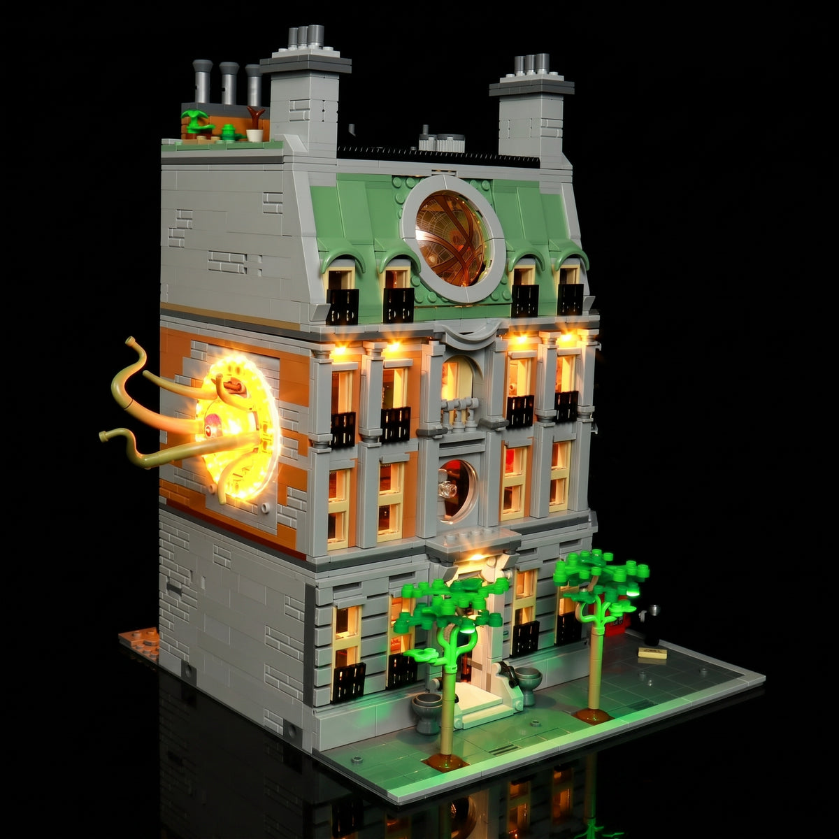 LEGO® Marvel Sanctum Sanctorum #76218 fully illuminated on display, with the custom LED lighting