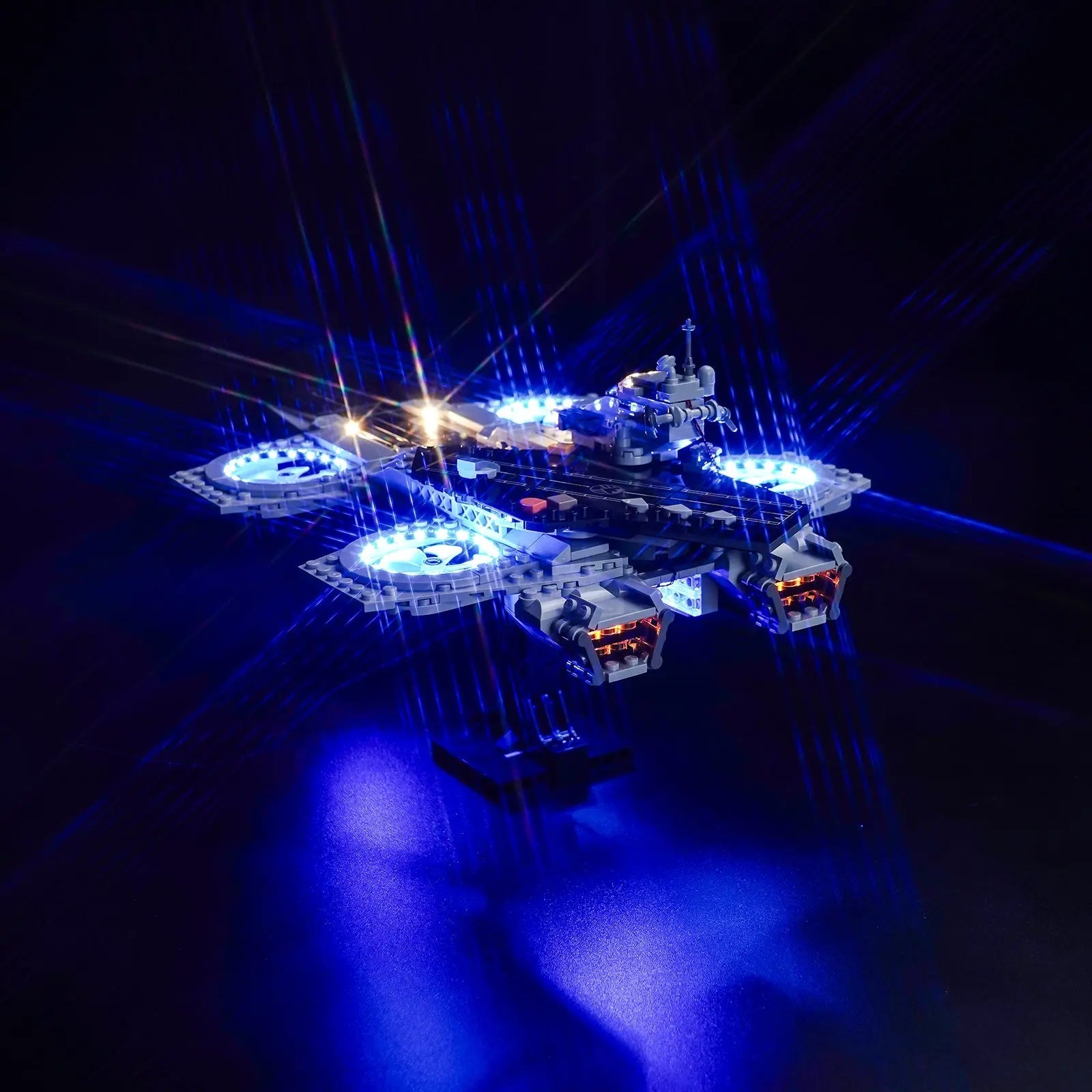 Close-up of LED lights on LEGO Marvel The Avengers Helicarrier #76295