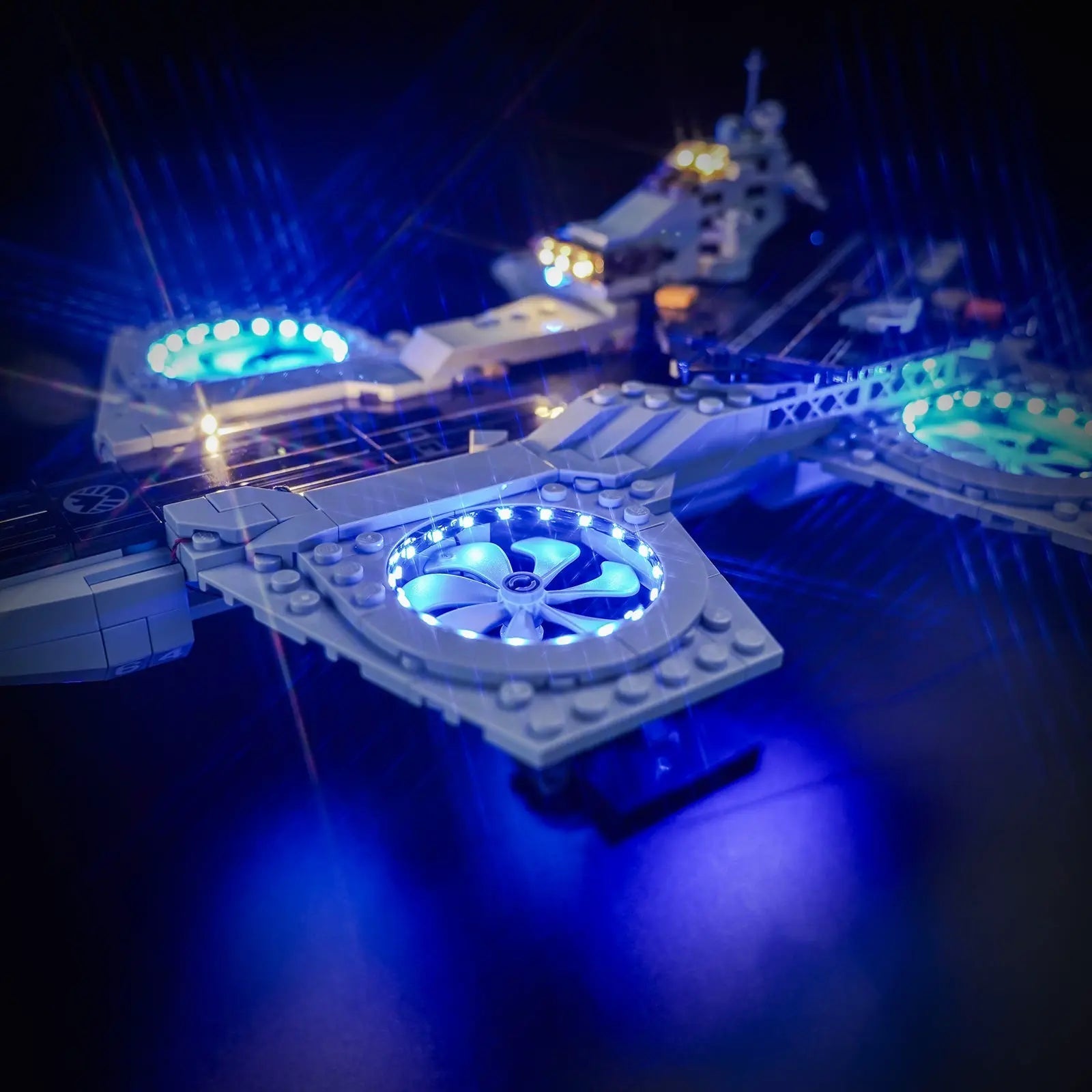 LEGO Marvel The Avengers Helicarrier #76295 lit up - front angle