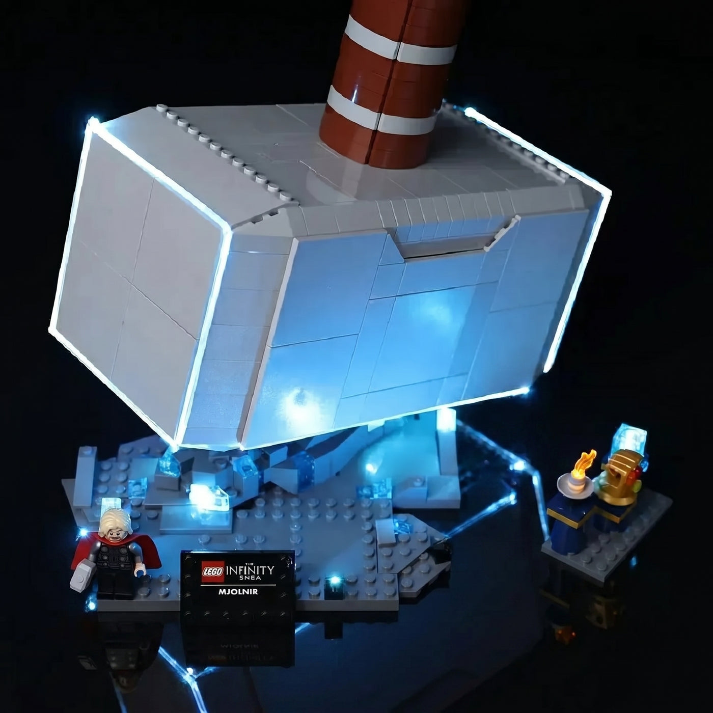 fully illuminated on display: Bright My Bricks USB-powered LED light kit for LEGO® Marvel Thor's Hammer #76209
