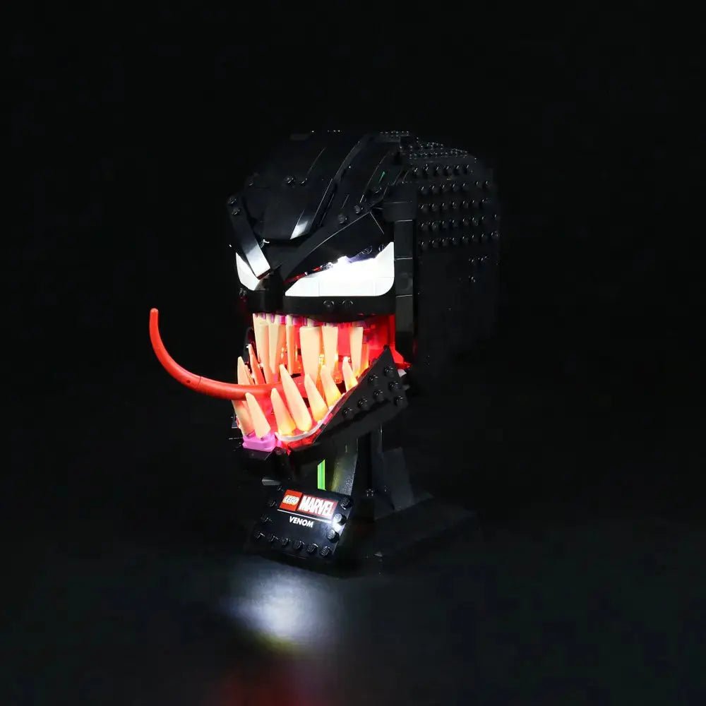 LEGO® Marvel Venom #76187 illuminated at night, with the RGB LED light kit