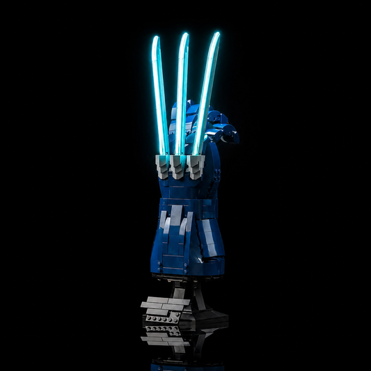 LEGO® Marvel Wolverine's Adamantium Claws #76250 fully illuminated on display, with the premium LED light kit