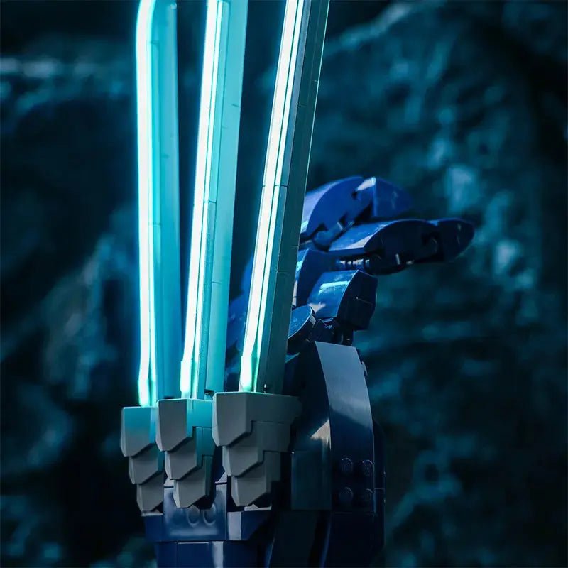 LEGO® Marvel Wolverine's Adamantium Claws #76250 — side angle with lights on (RGB LED light kit)