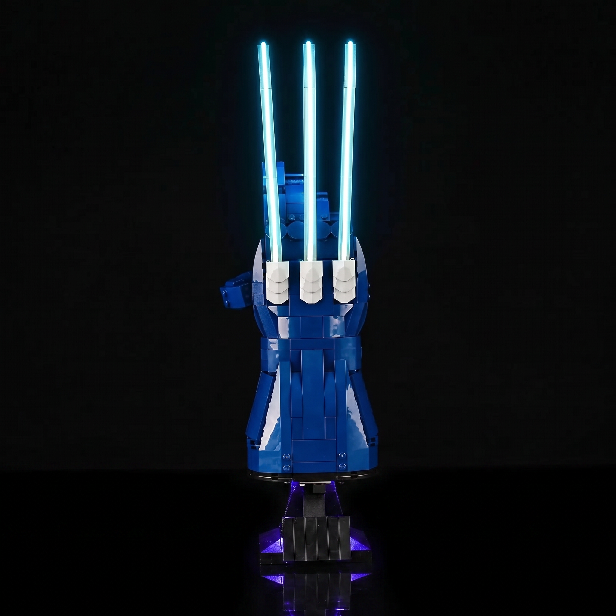LEGO® Marvel Wolverine's Adamantium Claws #76250 installed and glowing, with the premium LED light kit
