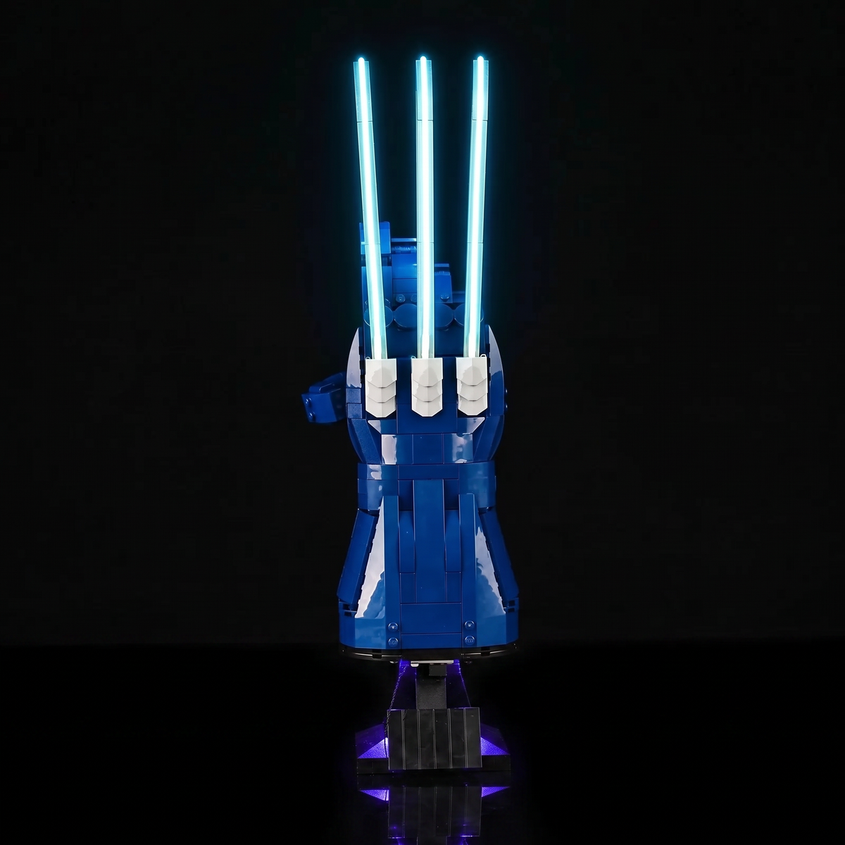 LEGO® Marvel Wolverine's Adamantium Claws #76250 installed and glowing, with the premium LED light kit