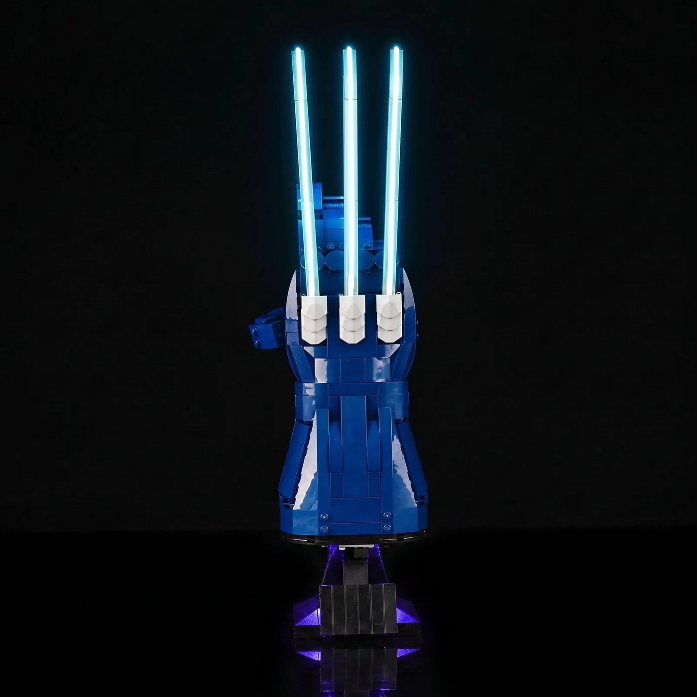 LEGO® Marvel Wolverine's Adamantium Claws #76250 installed and glowing, with the premium LED light kit