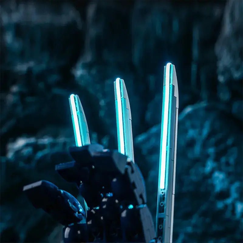 LEGO® Marvel Wolverine's Adamantium Claws #76250 illuminated at night, with the LED lighting kit