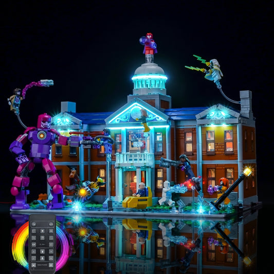illuminated at night: Bright My Bricks LED light kit for LEGO® Marvel X-Men: The X-Mansion #76294