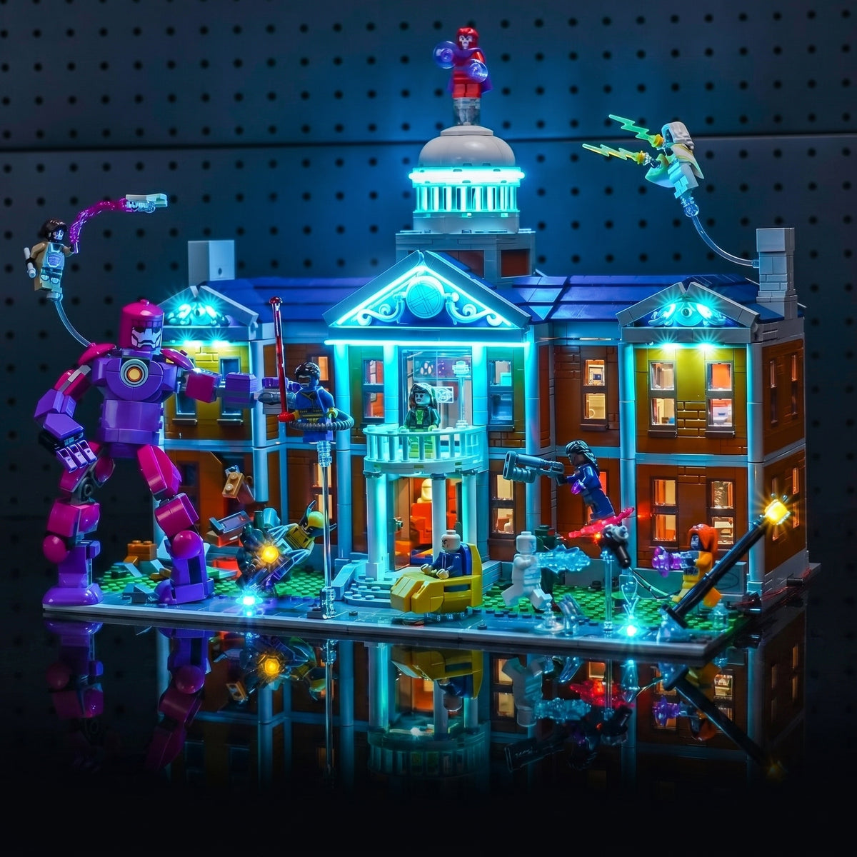 before-and-after lighting: Bright My Bricks LED lights for LEGO® Marvel X-Men: The X-Mansion #76294