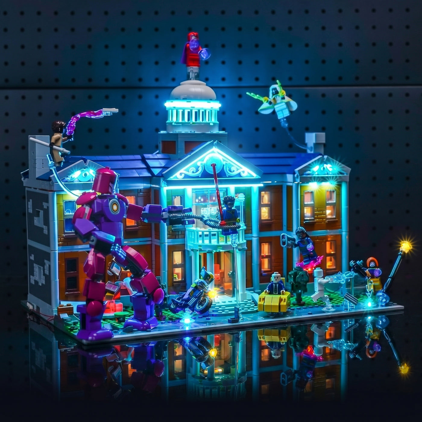 LEGO® Marvel X-Men: The X-Mansion #76294 — before-and-after lighting (custom LED lighting)