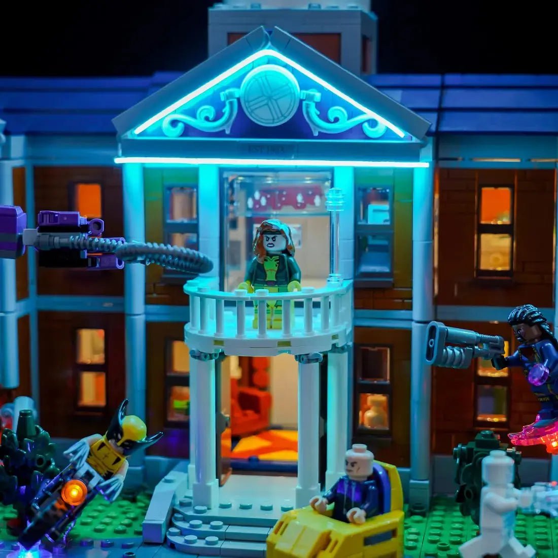 RGB LED light kit for LEGO® Marvel X-Men: The X-Mansion #76294, front view fully lit