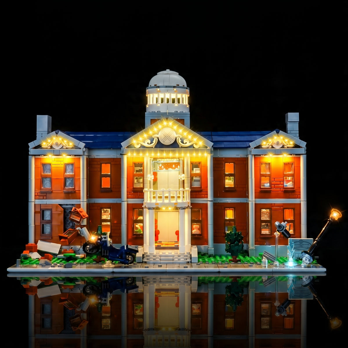 RGB LED light kit for LEGO® Marvel X-Men: The X-Mansion #76294, front view fully lit
